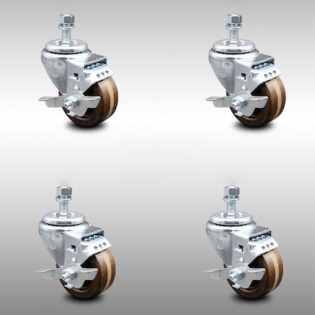 Service Caster 3 Inch SS High Temp Phenolic Wheel Swivel 1/2 Inch Threaded Stem Caster Set Brake SCC-SSTS20S314-PHSHT-TLB-121315-4